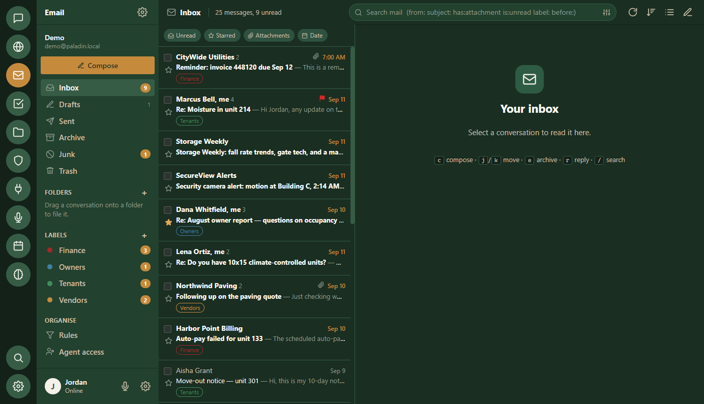 The Paladin window with email open. The areas of the application run down the left edge as a column of icons; the mail list fills the middle with labels for finance, tenants, owners and vendors; the reading pane is on the right.